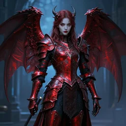 angel knight gothic girl in dark and red dragon armor. by gaston bussiere, by rembrandt, 1 6 6 7, artstation trending, blue light, by konstantin razumov