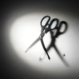 a pair of scissors is floating in mid - air, illuminated by a bright light, casting a stark shadow on the wall behind it