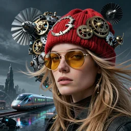 detailed face of a woman, clockwork, moment, tectonic sky, skydome, bullet train, turbines, utopian, tech noir, wet reflections, prism, atmospheric, ambient, pj crook, syd mead, livia prima, artgerm, greg rutkowski, nick alm, casey baugh, long blonde hair, gold tinted sunglasses, red weave hat, windswept