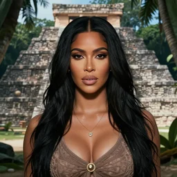 detailed portrait of kim kardashian in mayan pyramid jungle ruins