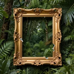 fancy broken gold baroque frame in middle of green jungle vegetation