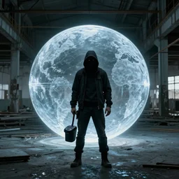 a stalker with a detector in his hand from the game s.t.a.l.k.e.r stands next to a translucent luminous sphere in an abandoned factory
