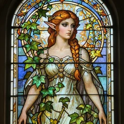 a stunning stained glass window of a beautiful poison ivy as an elf queen with hair tied in a braid, dark eyeliner, intricate, elegant, highly detailed, digital painting, artstation, concept art, sharp focus, illustration, art by john collier and albert aublet and krenz cushart and artem demura and alphonse mucha
