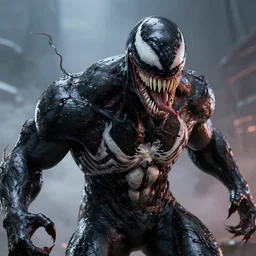 venom fused with deadshot yellow eye white teeth, ultra realistic 4 k unreal engine very cinematic render with ray tracing bloom ambient occlusion strong reflections depth of field fog
