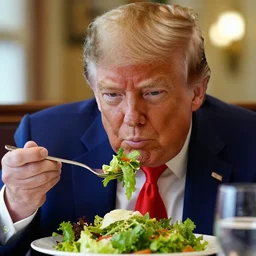 donald trump eating a large salad at a restaurant, detailed, face close - up