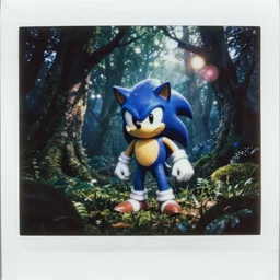 medical instax polaroid film still of a sonic the hedgehog blue swamp creature with fangs and claws, dark forest, faded glow, anamorphic lens flare, creepypasta