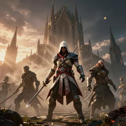 Assassin's Creed Horizon Zero Dawn 2 mashup, gothic architecture, dynamic poses, low camera angle, god rays, bloom, volumetric fog, moody ambiance, cinematic lighting, twilight, sunset, Brom, Caravaggio, Giger, fantasy, portfolio illustration, highly detailed, trending on Artstation, CGsociety, HQ, 8k, 35mm lens, f2.8, Bokeh,
