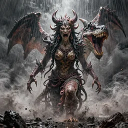 post psychedelic lilith the mother of all monsters angry, raining ash, fine art masterpiece, highly detailed dino valls wayne barlowe machiej kuciara, dramatic lighting, long shot, wide angle, uhd 8 k, sharp focus