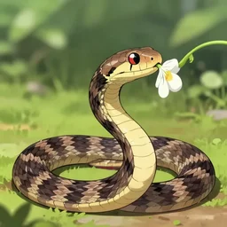 expressive checkered garter snake smelling a flower, in the style of anime, defined, sharp
