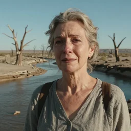 close-up of a 65-year-old Gaia, crying calmly, facing the camera and standing in front of a dried up river in a desolate land,  dead trees, blue sky, hot and sunny, highly-detailed, elegant, dramatic lighting, artstation, 4k, cinematic landscape, photograph by Elisabeth Gadd