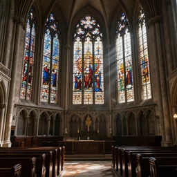 st. patrick's cathedral with large stained glass windows, grand hall, volumetric light, light rays shine through the glass, broken pews, clean, cinematic, hyper realistic
