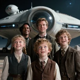 sharp, highly detailed, film from a blockbuster sci fi 4 k color movie, set in 1 8 6 0, family standing in front of a spaceship, on a alien planet, looking happy, wearing 1 8 5 0 s era clothes, atmospheric lighting, in focus, reflective eyes, 3 5 mm macro lens, live action, nice composition, good photography, real faces