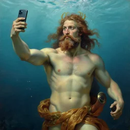 hyperrealistic renaissance oil painting of greek god poseidon taking a selfie of himself underwater holding a go pro look king confused holding his trident, highly detailed and intricate by vincent vang gogh and billy butcher