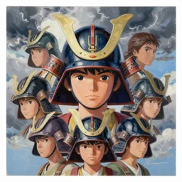 painting of a boy with samurai helmets in the style of cowboy bebop, calm, fantasy character portrait, dynamic pose, above view, sunny day, thunder clouds in the sky, artwork by jeremy lipkin and giuseppe dangelico pino and michael garmash and rob rey and greg manchess and huang guangjian and makoto shinkai, very coherent asymmetrical artwork, sharp edges, perfect face, simple form, 1 0 0 mm