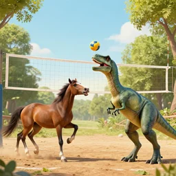 a horse and a velociraptor playing volleyball