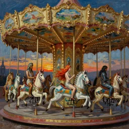 a carousel of medieval nights, ride in fury towards the unavoidable dispair of singing sirens, their beutiful red hair flows like in water and reminds you of the sunset dripping into the nights, the gods of egypt have arise, by goya, Godward, austin osman spare, nebezial, hyper real oil painting, expressives brushstrokes, a pinch of pollock, a quarter of madness, rendered in unreal engine