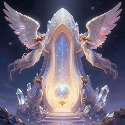 a symmetrical! delicate magic the gathering illustration by charles vess of radiant winged seraphim entering the glowing entrance to a gargantuan vulva!!! - shaped temple of smooth organic architecture, floating in the astral plane and constructed of house - sized crystals and with the bulb of the vestibule made of iridescent pearl, copyright wizards of the coast