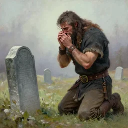 Fierce male barbarian kneeling down and crying at his lover's gravestone, sad, pastel painting, realistic, emotional, alone, despair, kneels on the ground!, trending on artstation, 16K HD
