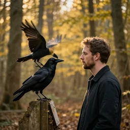mixture between a human and crow, golden hour, photograph captured in a forest