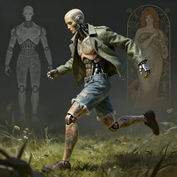 tattooed robot halston sage wearing a jacket and ripped shorts running and dancing in a field, character sheet, character design, contrast, deep focus, turnaround, highly detailed, dramatic lighting, digital painting, artstation, concept art, matte, sharp focus, illustration, elegant, art by artgerm and greg f and alphonse mucha.