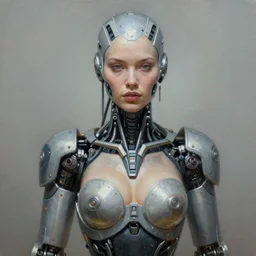 ultra realist soft painting of a single attractive cyborg female sillicon cyborg skin armored, curiosities carnival, symmetry accurate features, very intricate details, focus, curvy, artstyle Tom Bagshaw, award winning