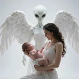 woman giving birth to alien background white angelic