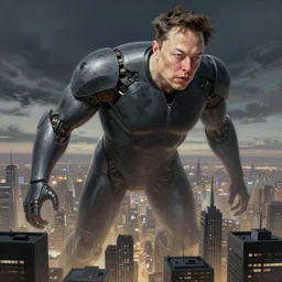 Giant titan Elon musk body  over a city, ,matte fantasy painting, DeviantArt Artstation, by  Jen Zee and Tatsuya Yoshikawa  by Utsurowazaru Mono  by Tatsuya Yoshikawa  by Hajime Isayama, cinematic lighting