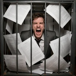 a screaming man stuck inside a cage made of tedious paperwork