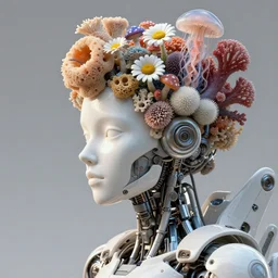 complex 3 d render, hyper detailed, ultrasharp, beautiful biomechanical car portrait with a porcelain profile face, natural soft rim light, headdress made of sponge corals, daisies, colorful mushrooms, jellyfish, puffballs, white red rhizomorphs, cyberpunk metallic brackets, ferra white mecha, alexander mcqueen, beautiful natural soft illumination, octane highly render, 4 k, ultra hd