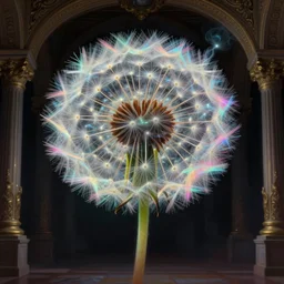 a close - up view portrait of a silhouetted dandelion monster humanoid figure with iridescent glow - fi baroque neoclassicist halls. detailed textures. glowing colourful fog, dark black background. highly detailed fantasy fiction painting by moebius, norman rockwell, frank frazetta, and syd mead. rich colors, high contrast. artstation