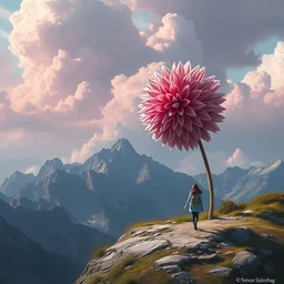 giant dahlia flower head, girl walking on mountain, surreal photography, pink storm clouds, dramatic light, impressionist painting, digital painting, artstation, simon stalenhag