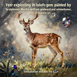 “deer exploding into colorful gems painted by alphonse mucha, william godward and winslow homer, impasto modern art”