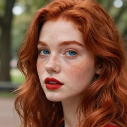 photo of the left side of the head of an adorable redhead woman with gorgeous blue eyes and wavy long red hair, red detailed lips and freckles who looks directly at the camera. Slightly open mouth. Whole head visible and covers half of the frame, with a park visible in the background. 135mm nikon. Intricate. Very detailed 8k. Sharp. Cinematic post-processing. Unreal engine. Nanite. Ray tracing. Parallax. Tessellation
