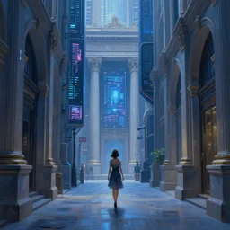 hyperrealistic and beautiful painting of an alley way within a grand city, lone woman in a dress walking, classical architecture, technological lights, screens, cyberpunk style, 8 k resolution, by hugh ferris and john smith, polished, fine detail, intricate, blue color scheme, cyberpunk style, smooth, octane, concept art, trending on artstation