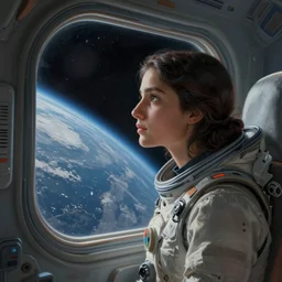 a young afghan woman looking out the window of a space station, a detailed matte painting by thota vaikuntham, pixabay contest winner, space art, matte painting, sci - fi, airbrush art