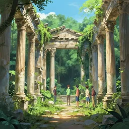 Ancient roman colonnade in ruins, overgrown by the jungle by zdzisław beksiński, rendered by Beeple, Makoto Shinkai, syd meade, simon stålenhag, environment concept, digital art, unreal engine, WLOP, trending on artstation, 4K UHD image, octane render,
