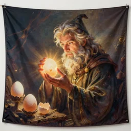banner tapestry of wizard examing eggs