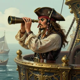 captain pirate using a telescope from a high place from behind intricate, elegant, highly detailed, digital painting, artstation, concept art, sharp focus, illustration, by justin gerard and artgerm, 8 k