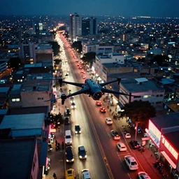 flying drones over a - a neon lit - lagos urban street - in nigeria, cinestill 8 0 0 t photograph, illustration in the style by philippe bouchet,