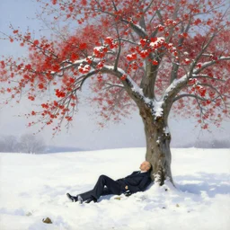 winter, a clean - shaven white businessman relaxing under a world tree with red flowers, ground covered with snow, extreme long shot, fantasy, painting by gaston bussiere, craig mullins, j. c. leyendecker, trending on artstation