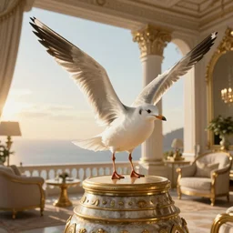 a seagull in a fancy suite, 4k, ultra details, cinematic, epic style, beautiful photo, hyper realistic, octane render, unreal engine, award winning, on artstation, volumetric lightning, masterpiece, golden hour,