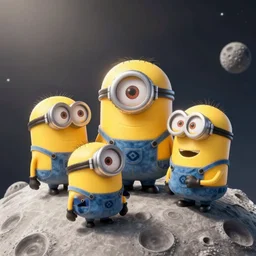 macro photo of minions on the moon, cartoon image from movie