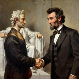 a beautiful painting of Bob Ross shaking hands with Abraham Lincoln, by Rembrandt, Michelangelo, Leonardo Da Vinci, masterpiece