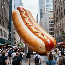 a photograph of a giant metallic hotdog sculpture in the center of a new york street, a large crowd have gathered, by jeff koons, chrome, silver, reflections, pop art, 3D render, Volumetric dynamic lighting, Highly Detailed, Cinematic Lighting, Unreal Engine, 8k, HD