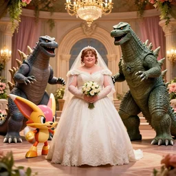 a still from My Big Fat Greek wedding, wedding, wedding, with Starfox and godzilla, octane render, nvidia raytracing demo, masterpiece