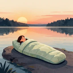 woman in sleeping bag sitting on the lake at sunset highly detailed 2 d illustration in matte colors, watercolor painting
