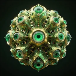 a green and gold fractal mandelbulb god with multiple eyes by alex gray, android jones, karol bak, ayami kojima, artgerm, concept art, sharp angles, robot, 3 d, octane render, 8 k, unreal engine