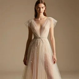 delicate, semi transparant, high couture dress in a super model, warm light, studio setting