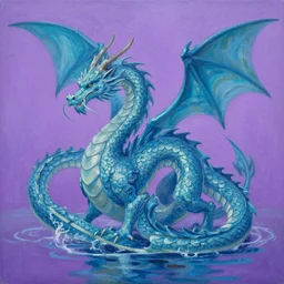 Dragon with a body made of water, oil painting, purple sky