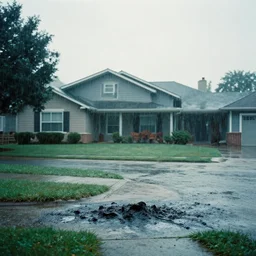 imax film still of downpour of black shiny sludge outside a suburban area, modern horror